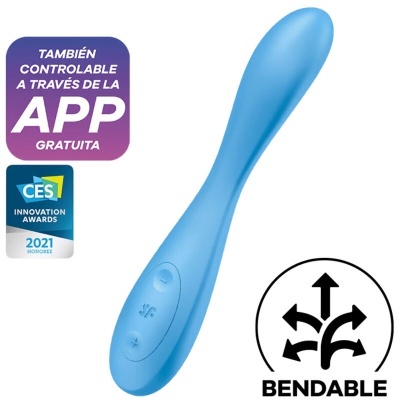 Vibrador azul de silicone controlado por app com símbolo CES e indicação bendável