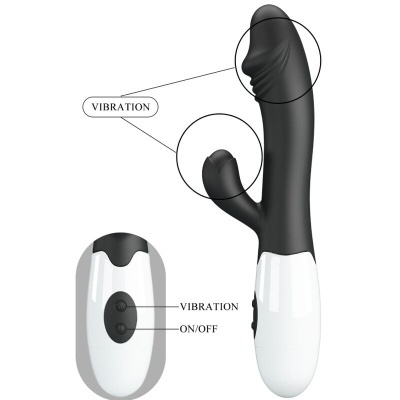 Vibrador preto com controle remoto branco e botões de vibração e ligar/desligar.