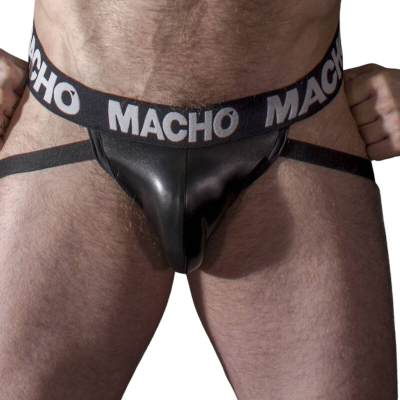 Cueca masculina jockstrap preta com elástico branco e preto escrito MACHO