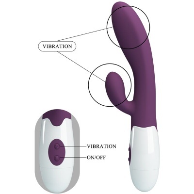 Vibrador roxo com controlo branco e roxo e botões ON/OFF e VIBRATION