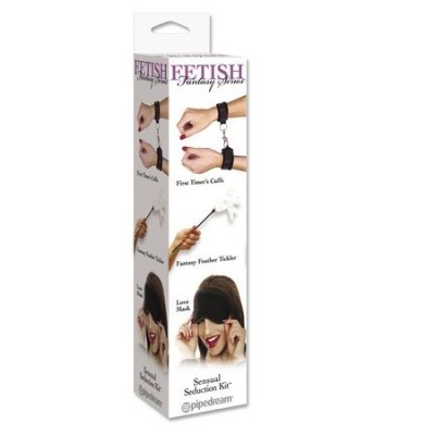 Kit sensual Fetish Fantasy Series com algemas, pena e máscara preta na embalagem.