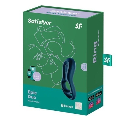 Embalagem verde de vibrador em forma de anel Satisfyer Epic Duo com texto e ícones de app.