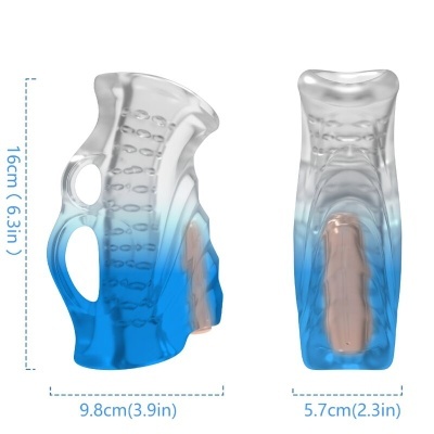 Estimuladores masculinos em gel azul e bege transparentes com textura e design ergonómico