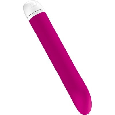 Vibrador portátil rosa com parte superior branca com texto JOY FACTORY