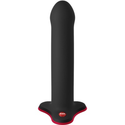 Dildo preto de silicone com base triangular vermelha e texto FUN FACTORY