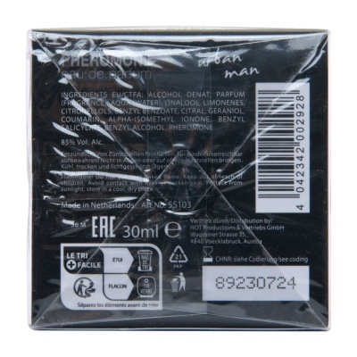 Embalagem de perfume preto Pheromone urban man com texto informativo e código de barras