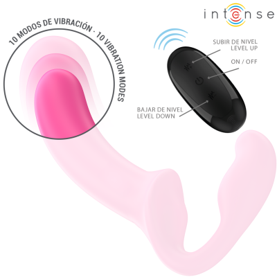 Dispositivo vibrador rosa com comando remoto preto e texto de modos de vibração