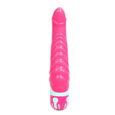 Vibrador rosa com textura espiralada e base decorada em branco e rosa