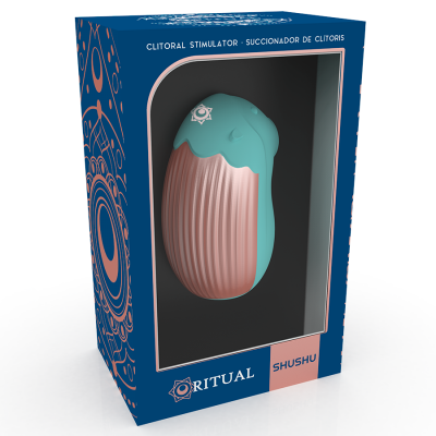 Clitoral estimulador verde-água e rosa em embalagem azul com janela transparente