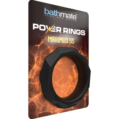 Anel preto Power Rings Maximus 55 da Bathmate em embalagem de cartão laranja com efeitos de fogo.