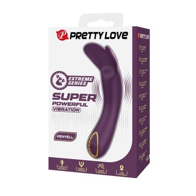 Caixa do produto Pretty Love Kenyell com vibrador roxo e texto promocional.