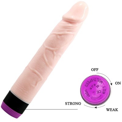 Vibrador cor de pele com base preta e roxa com controlo giratório rotulado