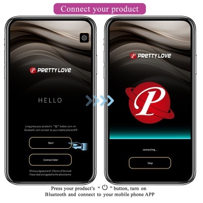 Ecrã de telemóvel com app PRETTY LOVE e instruções para conexão Bluetooth