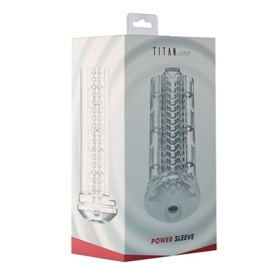 Embalagem branca e vermelha com texto TITAN KERO e POWER SLEEVE e imagem de objeto cilíndrico texturizado