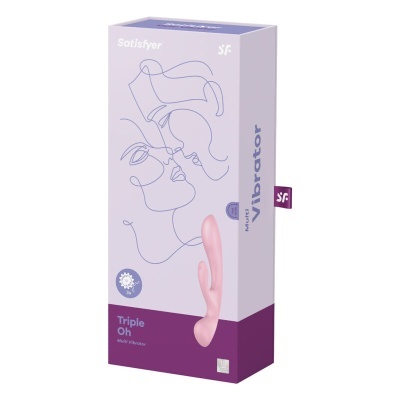Embalagem de vibrador rosa Triple Oh Multi Vibrator da Satisfyer com ilustração de faces em linhas simples