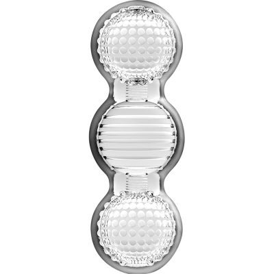 Objeto transparente com três esferas texturizadas alinhadas verticalmente