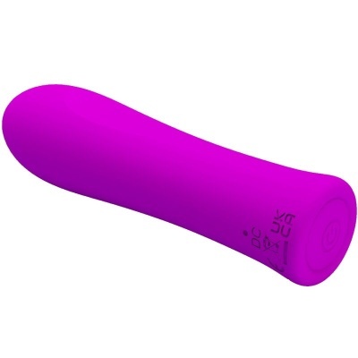 Vibrador roxo de silicone cilíndrico com texto e símbolos pretos na extremidade