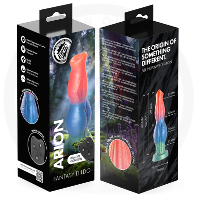 embalagem do dildo de fantasia Arion com comando à distância e silicone colorido