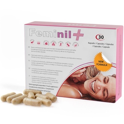 Embalagem rosa e branca de Femnil+ com cápsulas, texto multilingue e selo NEW FORMULA