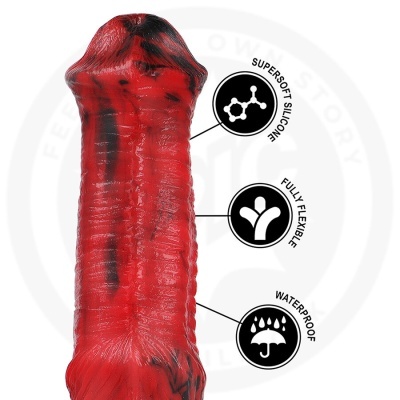 Produto vermelho e preto com texto SUPERSOFT SILICONE, FULLY FLEXIBLE, WATERPROOF