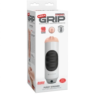 Embalagem do produto Mega Grip, masturbador texturizado, com texto e imagens do produto