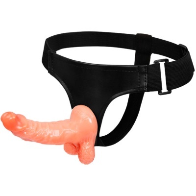 Cinto ajustável preto com prótese fálica em silicone cor pele