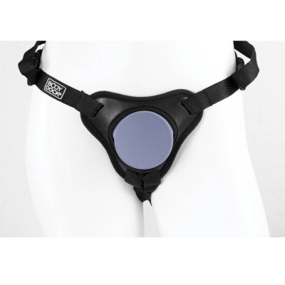 Suporte íntimo em couro sintético preto com cinto ajustável e etiqueta BODY SOCK