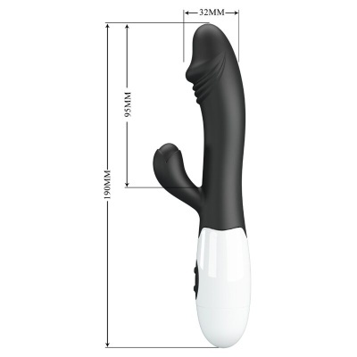 Vibrador preto e branco com texturas e medidas visíveis