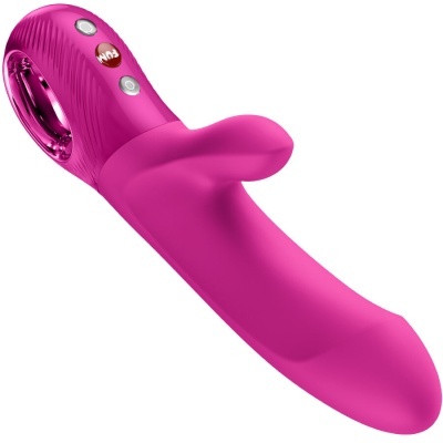 Vibrador cor-de-rosa com botões FUN e prateados num cabo com textura ondulada