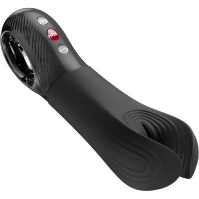 Dispositivo preto em silicone com botões e textura ondulada.