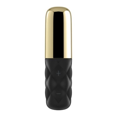 Mini vibrador dourado e preto com textura matelassê