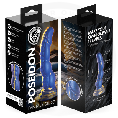 Embalagem de dildo fantasia azul Poseidon em silicone com ventosa forte e texturas estimulantes.