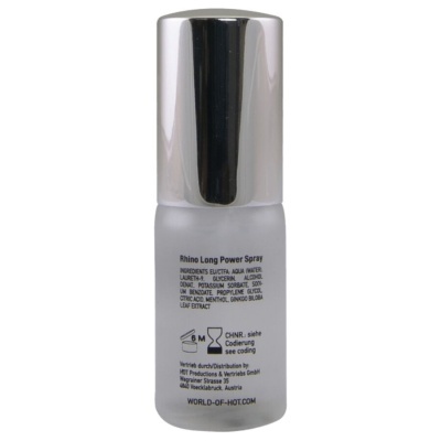 Frasco de spray Rhino Long Power Spray com tampa prateada e corpo branco fosco
