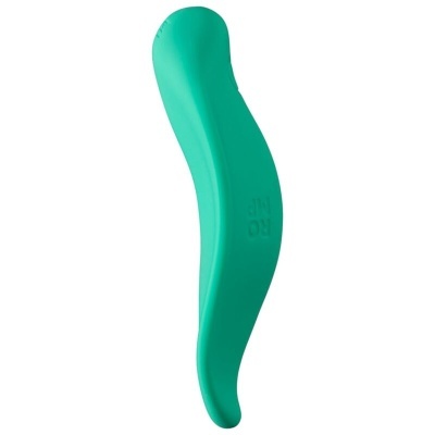 Objeto curvado verde água com inscrição ROMP em fundo branco