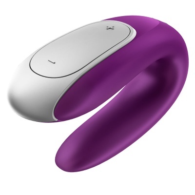 Vibrador roxo com controle branco e botões + e -