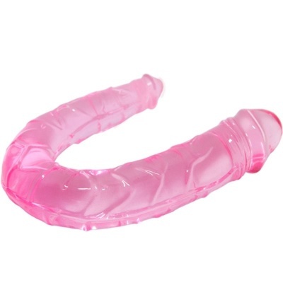Duplo dildo rosa translúcido flexível com textura de veias