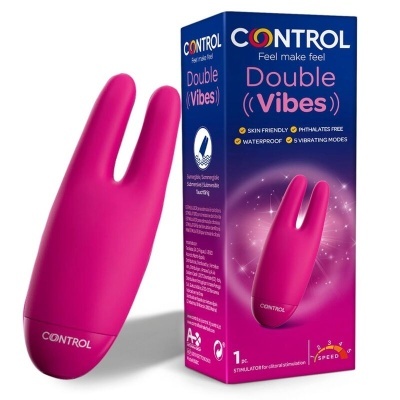 Vibrador duplo rosa com embalagem azul e rosa Control Double Vibes