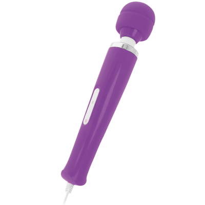 Vibrador massajador manual roxo com botão branco e detalhes metálicos.