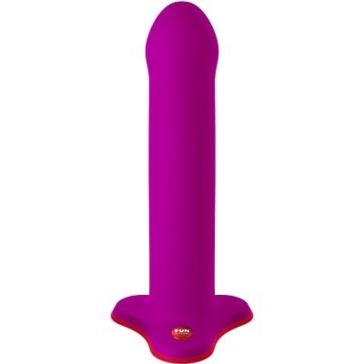 Produto em silicone roxo com base vermelha e texto FUN FACTORY