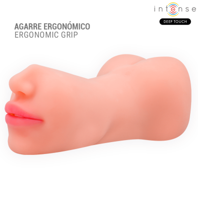 Produto silicone em forma de rosto humano com texto e logotipo ao fundo