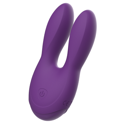 Vibrador roxo em silicone com forma de coelho e botão de ligar