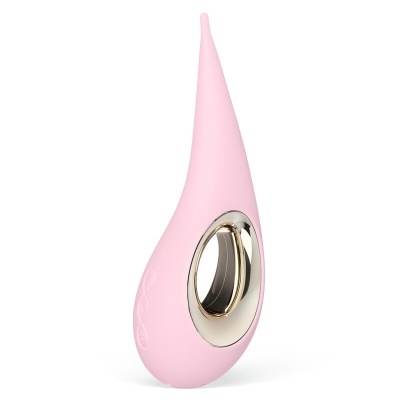 Produto de silicone cor-de-rosa com ponta fina e detalhe dourado oval