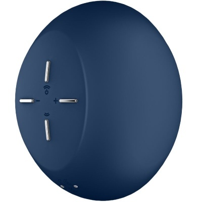 Coluna de som portátil redonda azul escura com botões prateados em cruz