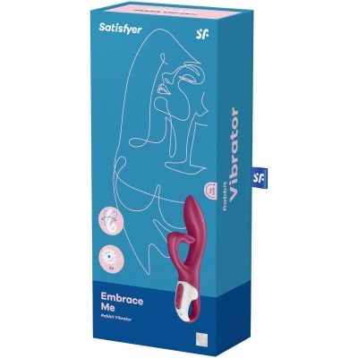 Embalagem azul com vibrador vinho e branco e texto Satisfyer Embrace Me Rabbit Vibrator