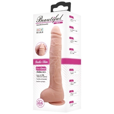 Embalagem de dildo realista cor pele com textura detalhada e ventosa na base