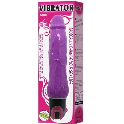 Vibrador roxo em embalagem rosa com texto em inglês