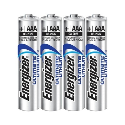 Pilhas AAA Energizer Ultimate Lithium prateadas com detalhes azuis.