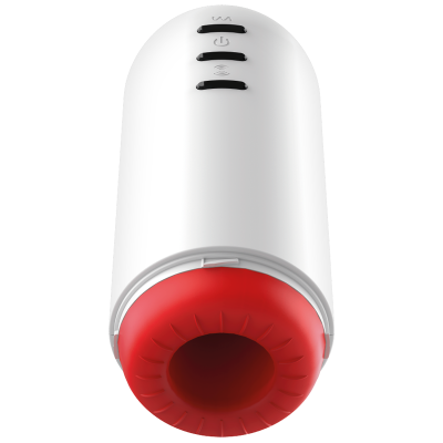 Dispositivo cilíndrico branco com botões e abertura circular vermelha