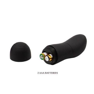 Vibrador preto com tampa removida e texto 2 AAA BATTERIES