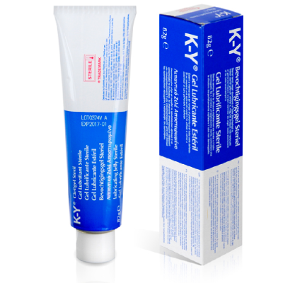 Tubo e caixa de lubrificante estéril K-Y Gel Lubrificante azul e branco
